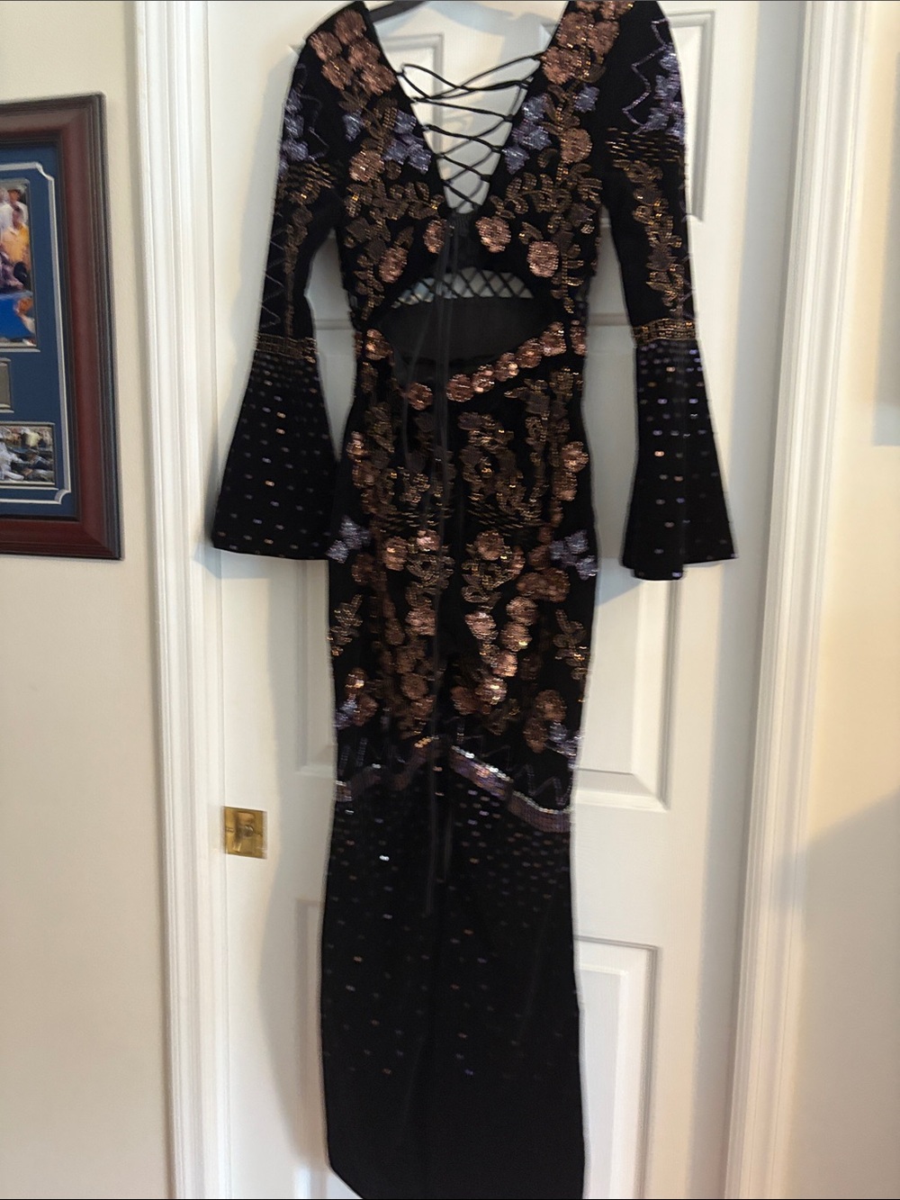 NASTY GAL BLACK, ROSE GOLD & BLUE SEQUIN JUMPSUIT. SIZE 4. BACK LACEUP & ZIPPER. - Picture 5 of 14
